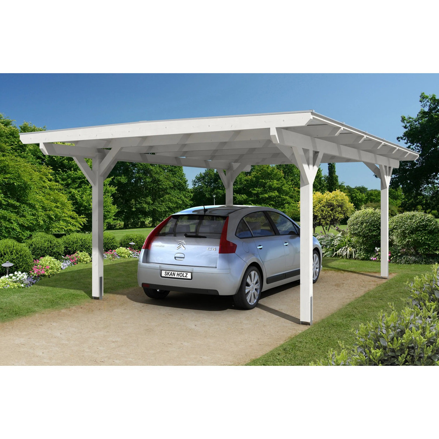Skan Holz Carport Odenwald aus Fichte Leimholz in Weiß mit flacher Dachform und Doppelstegplatten B: 428 cm, H: 238 cm - Bild 2