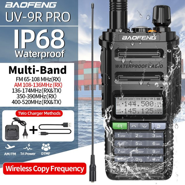 Baofeng UV-9R PRO Multi Band Walkie Talkie in Schwarz, IP68 Wasserdicht, Drahtloses Funkgerät mit Kopierfrequenz und AM FM DTMF für große Reichweite - Bild 1
