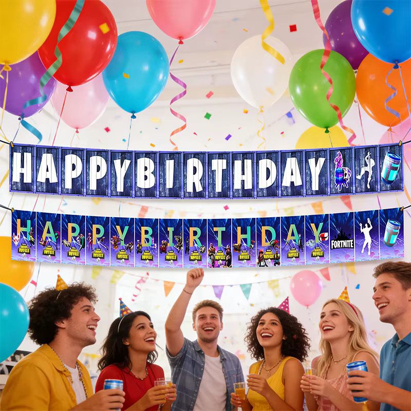 Fortnite Anime Spiel-Banner als bunte Partydekoration für Geburtstage, Set aus rechteckigen Papier-Wimpeln in Mehrfarbig - Bild 2