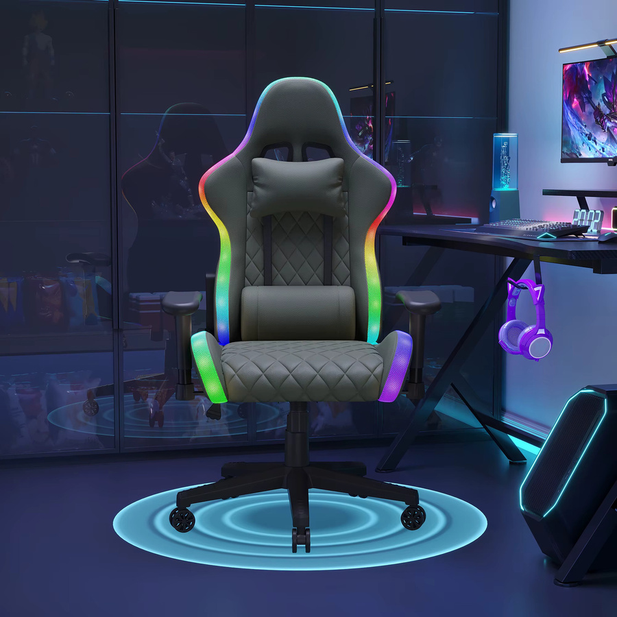 Ergonomischer Gaming-Stuhl mit LED und Kopfstütze in Schwarz aus Kunstleder für Teenager - Bild 2