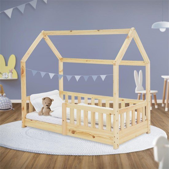 ML-Design Kinderhausbett aus Kiefernholz mit Rausfallschutz und Lattenrost, Farbe: Grau/Braun, B/T/H: 140 x 70 x 127 cm - Bild 1