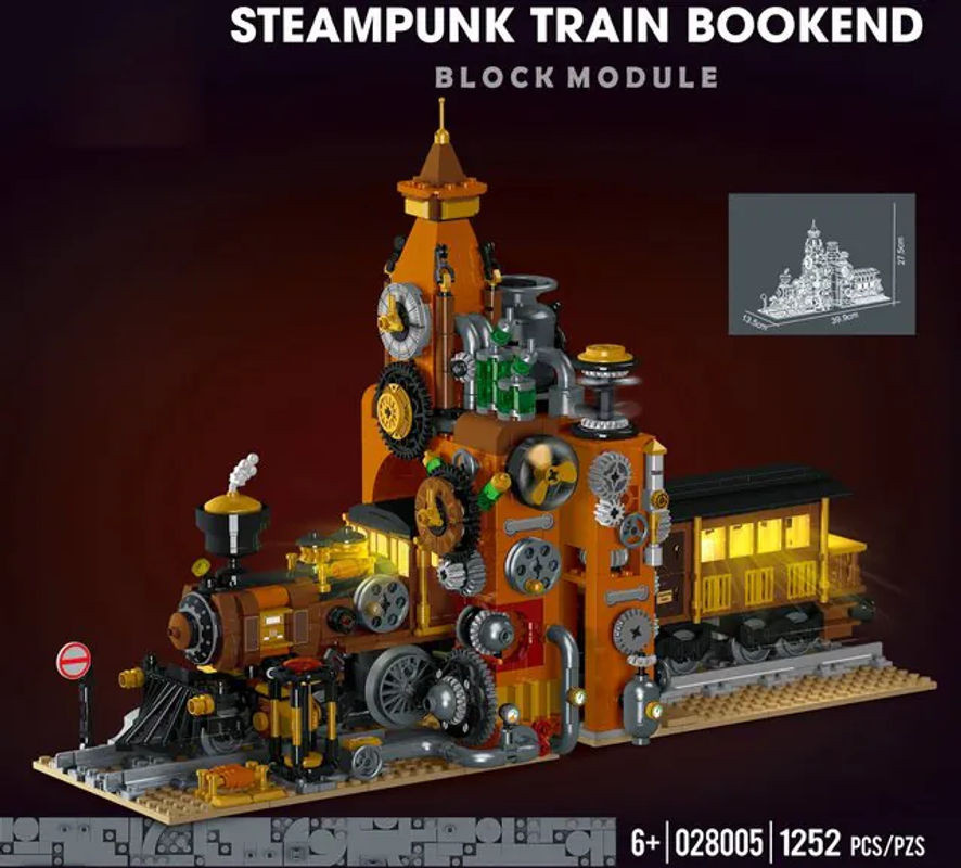 Steampunk Zug Buchstütze Modell mit Licht aus 1252 Bausteinen, pädagogisches MOC Spielzeug für Kinder in Orange - Bild 1