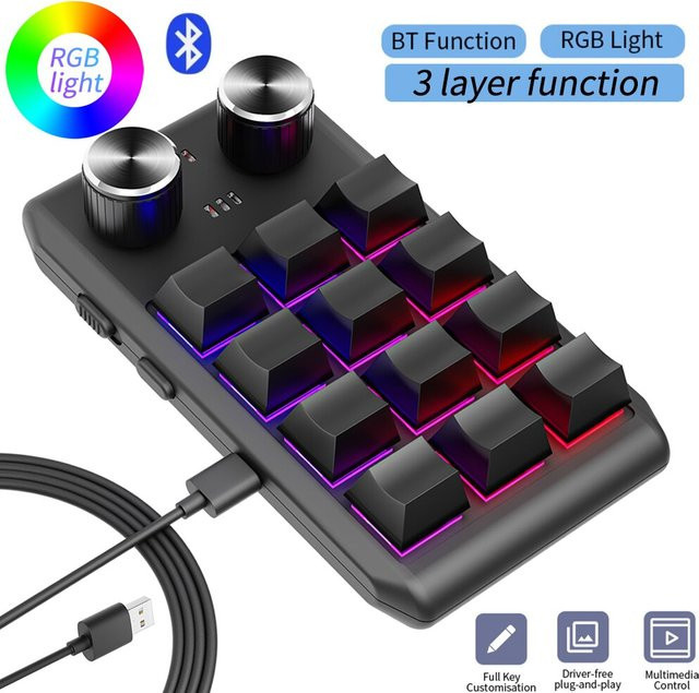 Ammtoo Mechanisches Macropad mit 12 Tasten und RGB-Beleuchtung, Programmierbare Bluetooth-Mini-Tastatur mit Hotswap-Funktion, Schwarz - Bild 1
