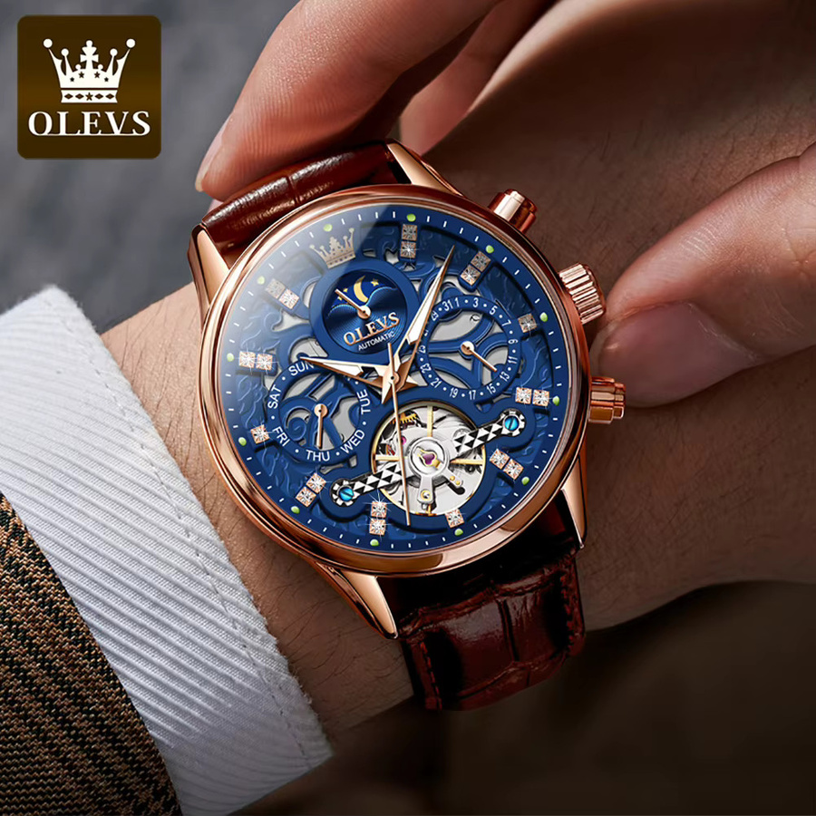 OLEVS Armbanduhr Automatik, Mondphase, Blau, Edelstahl, Leder, Herren - Bild 3