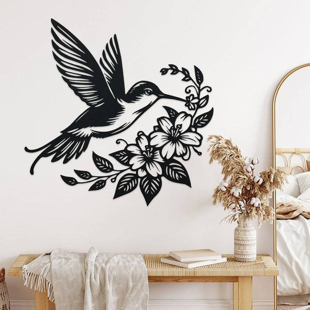 DDPNKL Metall-Wandkunst Kolibri und Blumen in Schwarz für Garten und Innenräume - Bild 1