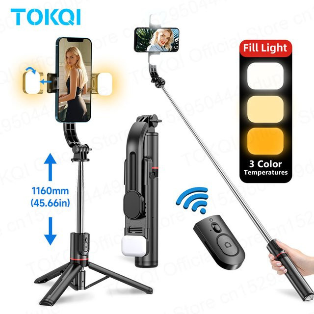 TOKQI L13d Selfie-Stick-Stativ mit Fülllicht und Bluetooth, Schwarz, tragbares Stativ für iPhone 17/16 Smartphones, 116 cm - Bild 1