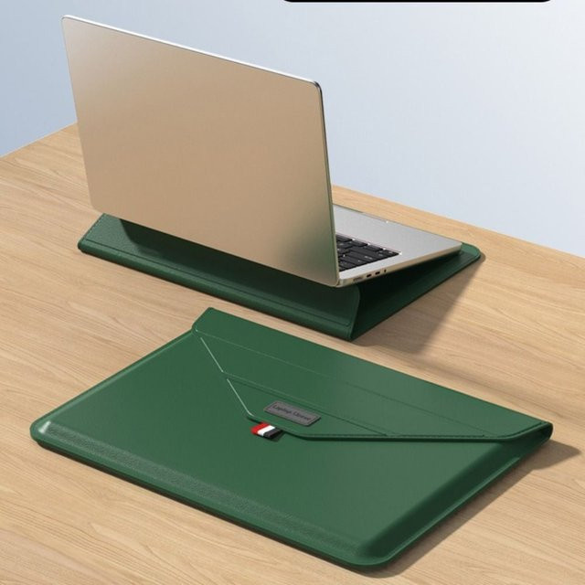 PERNEAKY Laptop-Hülle aus wasserdichtem PU-Leder, stoßfeste Notebook-Tasche mit Halterung, Grau oder Grün - Bild 1