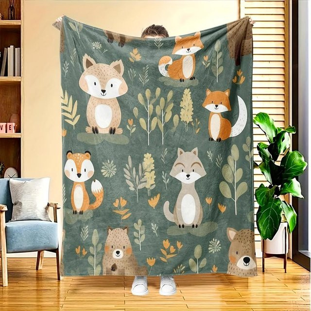 JMG Household Supplies Kuschelige Fleece-Decke mit Cartoon-Waldtier-Aufdruck Fuchs und Bär in Grün, Breite: 70 cm, Länge: 100 cm - Bild 1