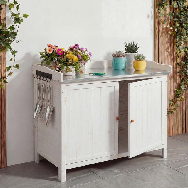 MCW Gartenschrank mit Arbeitsplatte und Pflanztisch aus Tannenholz in Weiß, H: 86 cm, B: 104 cm, T: 52 cm - Bild 1