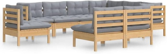vidaXL 9-teiliges Garten-Lounge-Set aus massivem Kiefernholz mit grauen Polstern - Bild 1