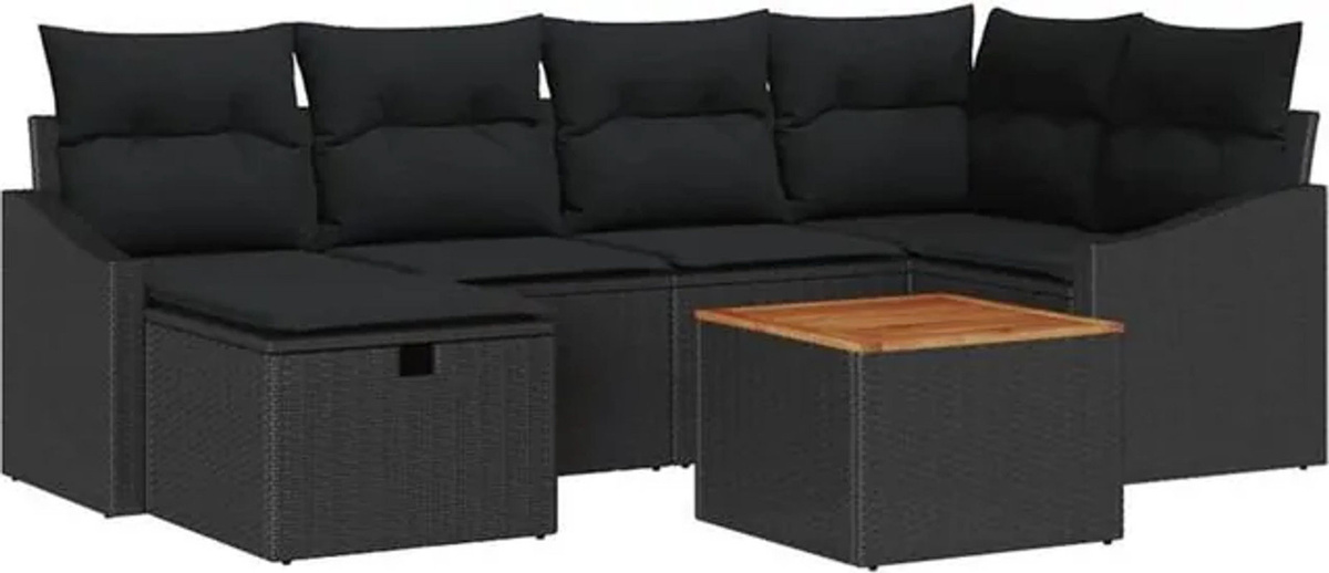 Modernes Loungemöbel Garten-Sofa-Set aus Polyrattan und Akazienmassivholz mit 7 Kissen in Schwarz von vidaXL - Bild 1