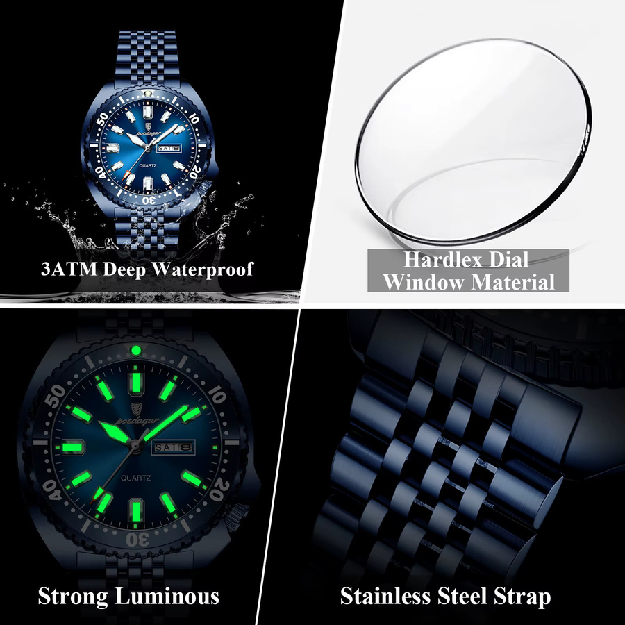 POEDAGAR Armbanduhr Edelstahl, Quarz, Blau, Herren - Bild 4