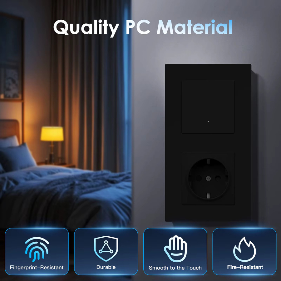 BSEED E-Serie WLAN-Klick-Wandschalter mit integrierter Steckdose, Schwarzer Kunststoffrahmen, Gelbe Hintergrundbeleuchtung, Tuya App-Steuerung, EU-Standard - Bild 3