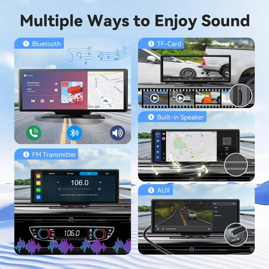 srnubi 10,26 Zoll Carplay Bildschirm für dein Auto mit kabellosem CarPlay und Android Auto, universeller Multimedia-Video-Player in Schwarz mit Bluetooth, AUX und FM - Bild 4