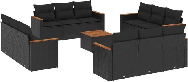 vidaXL 13-tlg. Garten-Sofagarnitur in U-Form aus Polyrattan und Akazienholz mit Kissen, Schwarz - Bild 1