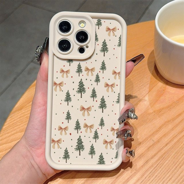 Apple iPhone Handyhülle aus TPU mit Weihnachtsbaum-Schleifenmuster in Beige, Anti-Drop-Schutz für iPhone 17, 16, 15, 14, 13, 12, 11 Pro Max und weitere Modelle - Bild 1