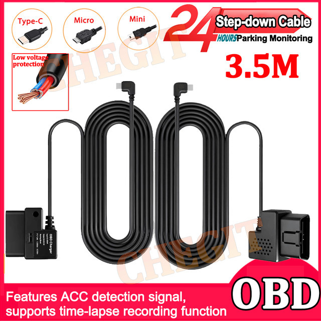 WDSZKMYF OBD Hardwire Kit für Dashcam mit USB-C, Micro USB oder Mini USB Anschluss zur 24H Parküberwachung in Schwarz - Bild 1