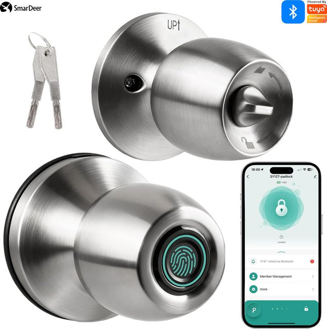 SmarDeer Fingerabdruckschloss für Tuya Smart Lock mit Bluetooth, schlüsselloser Zugang via App, Farbe: Silber - Bild 1