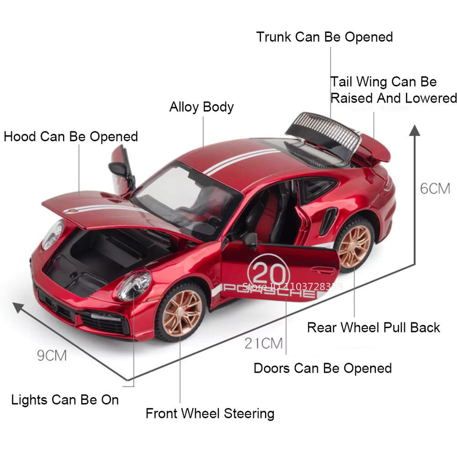 MAKEDA Supercar 911 TurboS GT3 RSR, Modell Spielzeug, 1:24, mit Licht und Sound, Metall - Bild 2