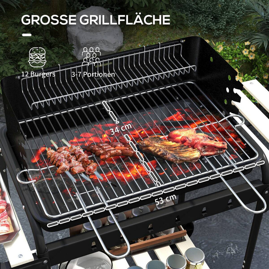 Outsunny Holzkohlegrill BBQ Smoker aus Metall mit Rädern, höhenverstellbarem Grillrost und Holzablage, B/T/H: 103 x 47 x 95 cm - Bild 5