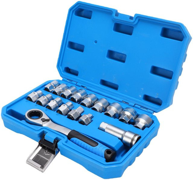 Artleeh 17-teiliger Steckschlüsselsatz aus Chrome Vanadium Stahl mit 2-in-1 72-Zahn-Ratsche, 3/8 Zoll und 1/2 Zoll Antrieb, Metrisch, Blau - Bild 1