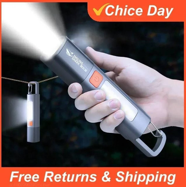 Smiling Shark SD1023 LED-Taschenlampe mit XPE-LED, USB wiederaufladbar, zoombar und integriertem Haken, Grau - Bild 1