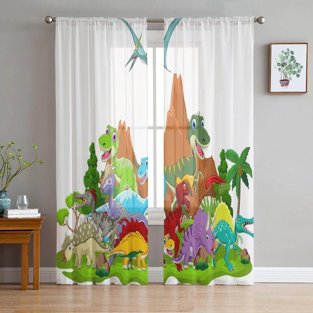 A Family Of Home Textiles Chiffon-Vorhang mit Jurassic-Dinosaurier-Motiv in Weiß, Breite: 135 cm, Höhe: 114 cm - Bild 1