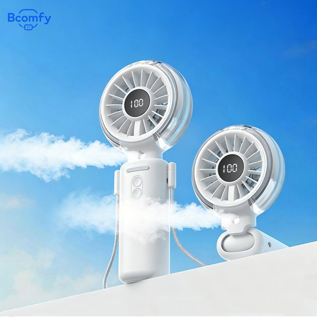 Bcomfy Mini-Nebel-Handventilator in Schwarz, wiederaufladbarer und faltbarer Sprühventilator mit Digitalanzeige und Luftbefeuchter-Funktion zum Umhängen - Bild 1