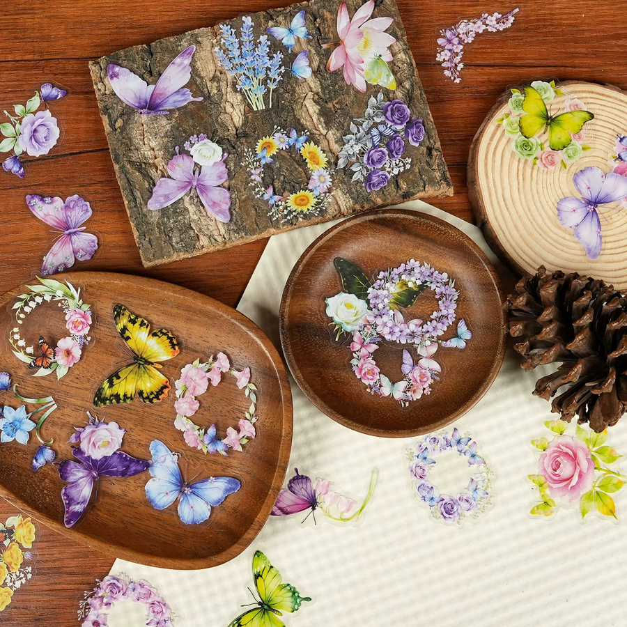 Set aus 56 oder 112 transparenten PET Aufklebern mit Schmetterlings- und Blumenmotiven in Multicolour für DIY Schreibwaren und Notebooks - Bild 5