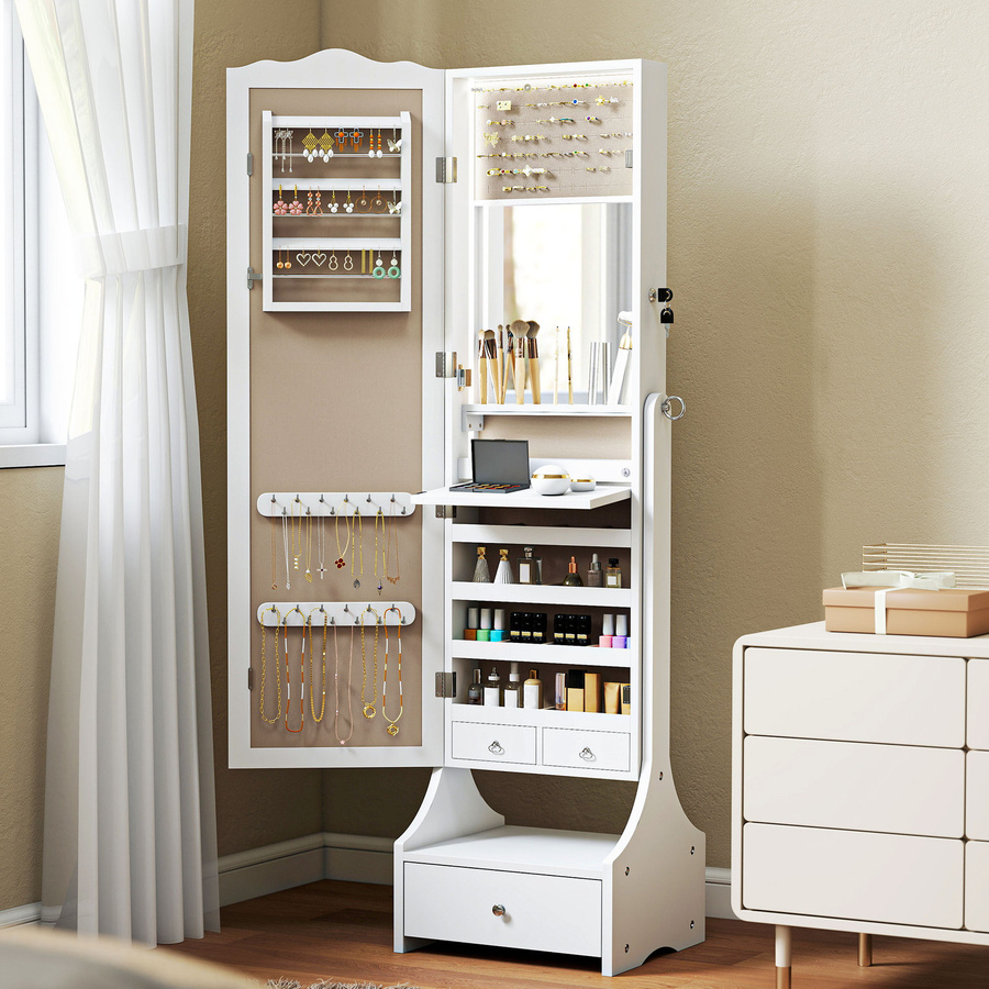 HOMCOM Schmuckspiegel mit LED-Leuchten und Schmuckschrank in Weiß mit beigem Innenfutter - Bild 2