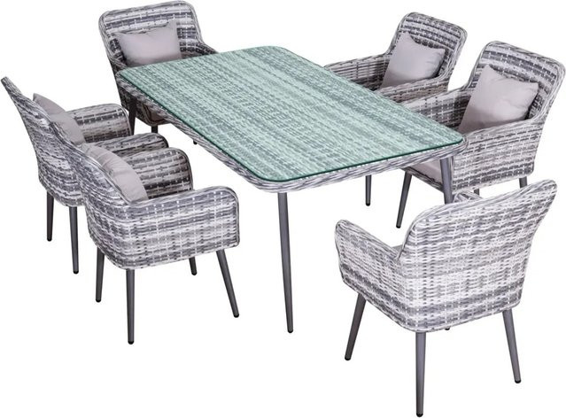 Jet-Line Rattan Gartenmöbelset Quito in Grau, 7-teilige Essgruppe mit Tisch und 6 Stühlen inklusive Kissen für Garten, Terrasse und Balkon - Bild 1