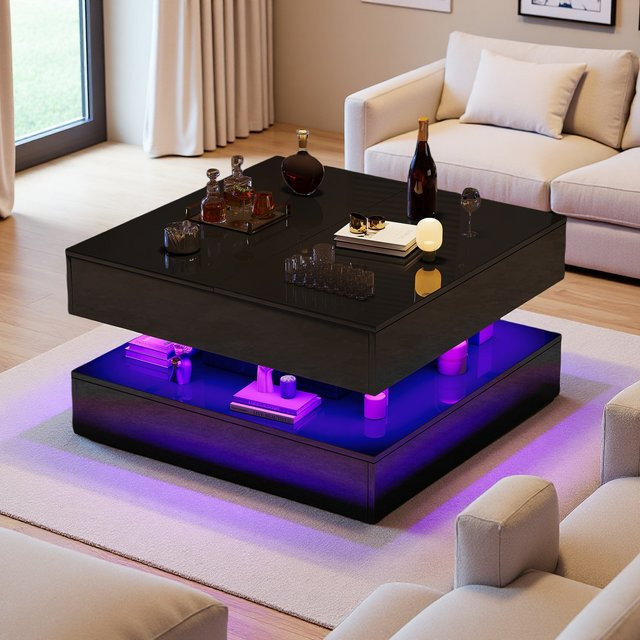 Rosahqnda Quadratischer Couchtisch mit LED-Beleuchtung und Schubladenaufbewahrung in Schwarz/Weiß, B/T/H: 78 x 78 x 78 cm - Bild 1