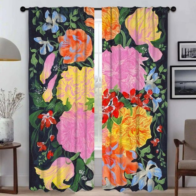 Set aus 2 semi-transparenten Tüll-Vorhängen mit abstraktem Blumenmuster in Multicolour, Breite: 50 cm, Höhe: 70 cm - Bild 1
