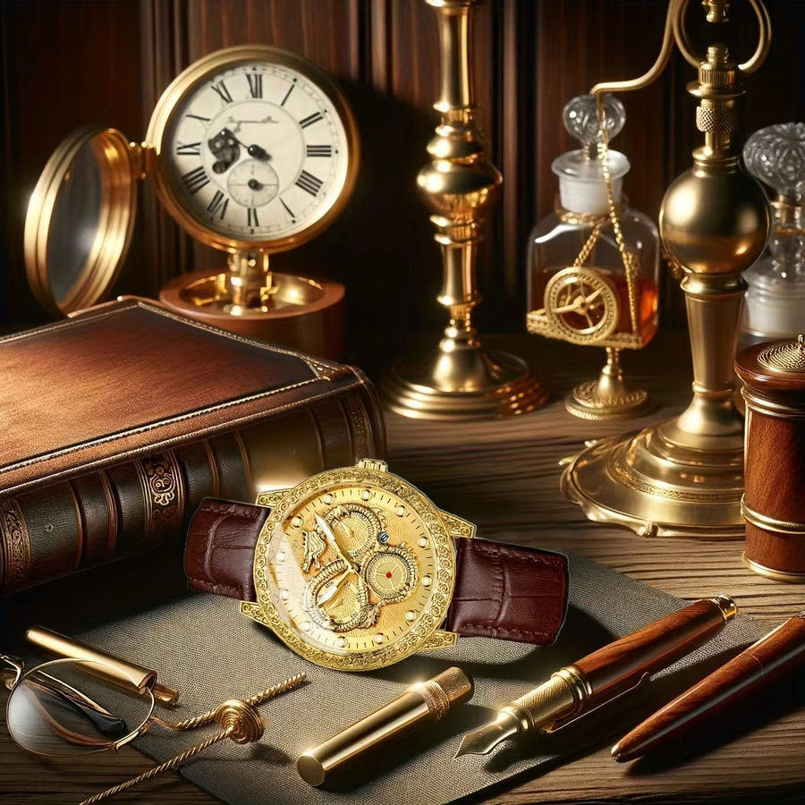 Armbanduhr Herren, Quarz, Gold, Leder, Leuchtzeiger - Bild 5