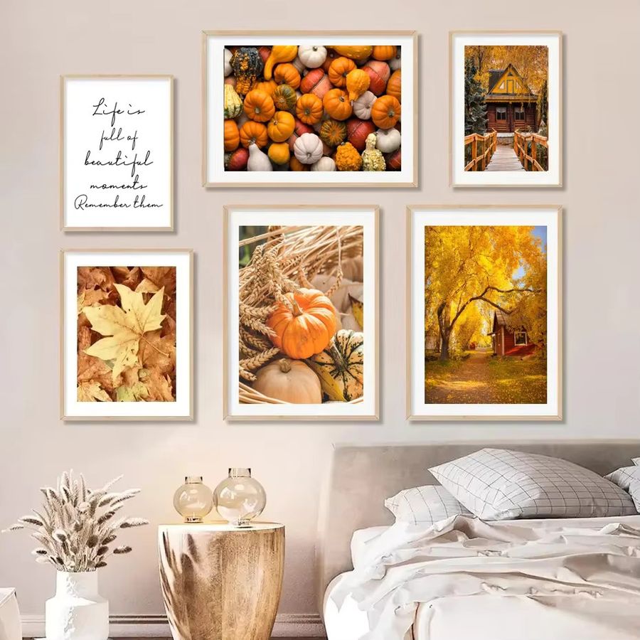 Potdemiel Herbst Leinwand Poster mit gelben Blättern und Kürbis als Wand Kunstdruck für Wohnzimmer und Halloween Dekoration in Gelb - Bild 3