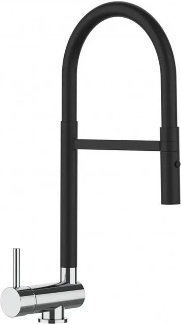 VIZIO Küchenarmatur für Vorfenster mit linkem Hebel, umklappbar, 360 Grad schwenkbarer Auslauf und abnehmbarer 2-Strahl-Brause, Schwarz Matt und Chrom - Bild 1