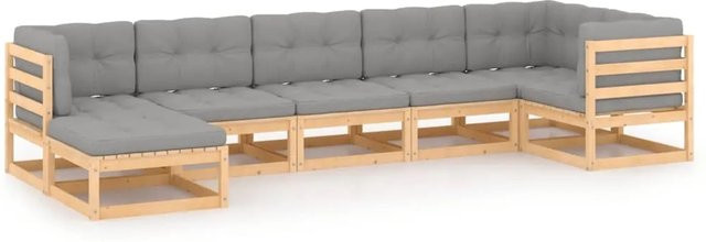 vidaXL 7-teiliges Garten-Lounge-Set aus massivem Kiefernholz in Natur mit grauen Kissen in L-Form - Bild 1