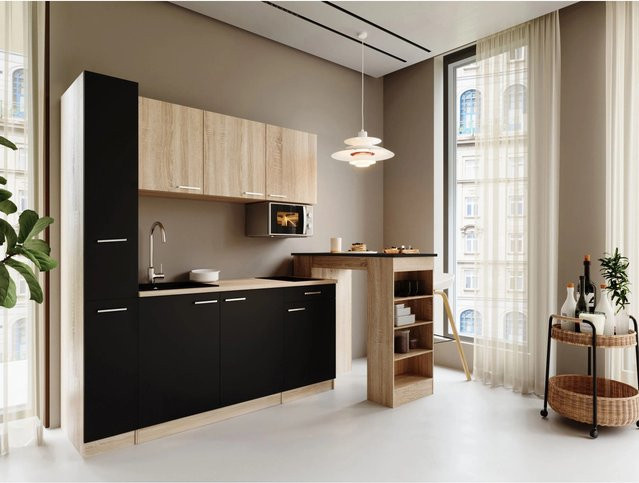 Respekta Ingrid Singleküche Schwarz mit Mikrowelle, Bartisch und Apotheker Schrank, Breite: 180 cm, Höhe: 200 cm, Tiefe: 60 cm - Bild 1