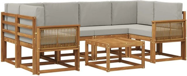 vidaXL Outdoor-Sofagarnitur 7-teilig aus Akazienholz und wetterfestem Polyester in Braun und Hellgrau - Bild 1