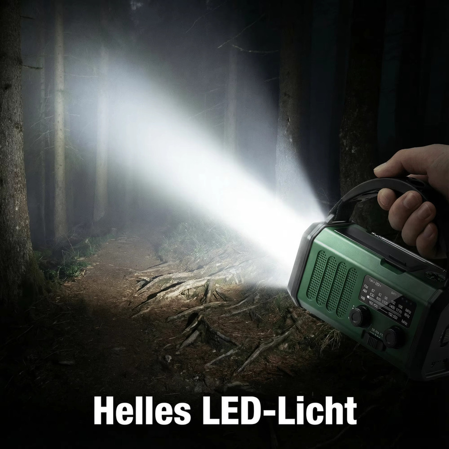 Tragbares Notfallradio in Grün mit Powerbank, Solar, Handkurbel und Taschenlampe für Outdoor und Camping mit FM/AM/WB sowie Kompass - Bild 4