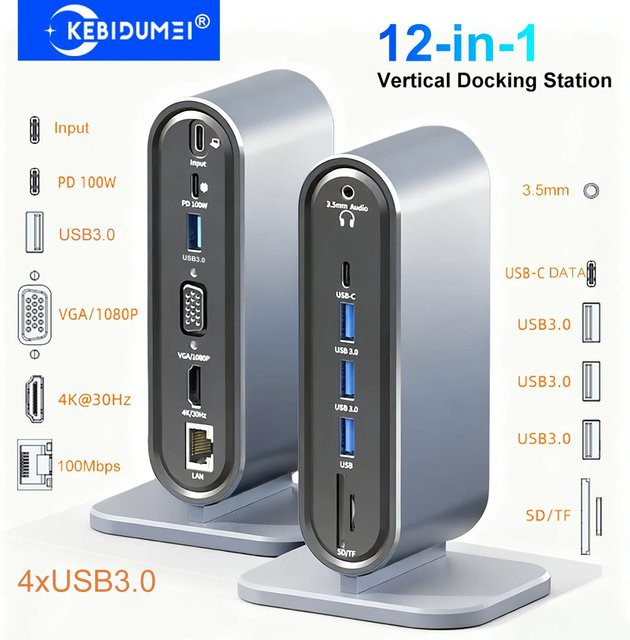 Kebidumei 12-in-1 Vertikale USB-C Dockingstation in Grau mit HDMI 4K, LAN, USB 3.0 und PD 100W für Laptop und MacBook - Bild 1