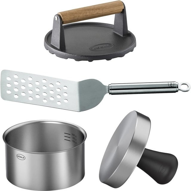 Rösle Barbecue Burger-Set 3-teilig aus Gusseisen und Edelstahl in Silber mit Burgerpresse PRO, BBQ-Gewicht und Burger-Wender - Bild 1