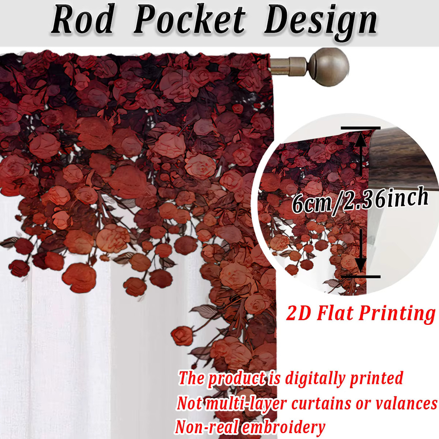Transparenter Vorhang mit rotem Blumenmuster aus hellem Stoff für Wohnzimmer und Schlafzimmer, Farbe: Transparent/Rot/Weiß, Breite: 132 cm - Bild 2