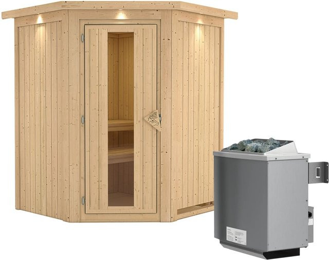 Karibu Sauna Lyra Finnische Sauna in Beige mit 9 kW Ofen, integrierter Steuerung, Dachkranz und Energiespartür - Bild 1
