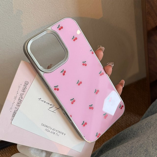 Potdemiel Handyhülle mit koreanischem Cartoon-Kirschmuster und silbernem Rand für iPhone 11 bis iPhone 17 Pro Max Plus, stoßfest, Farbe: Pink/Silber - Bild 1