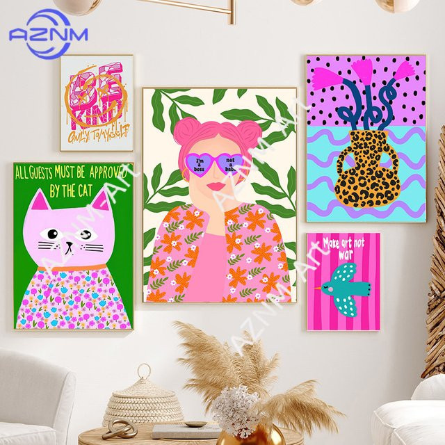 KAYOU Wandkunst Leinwanddruck Abstrakte Poster mit Mädchen, Katze und Blumenvase in Multicolour für deine Wohnzimmerdekoration - Bild 1