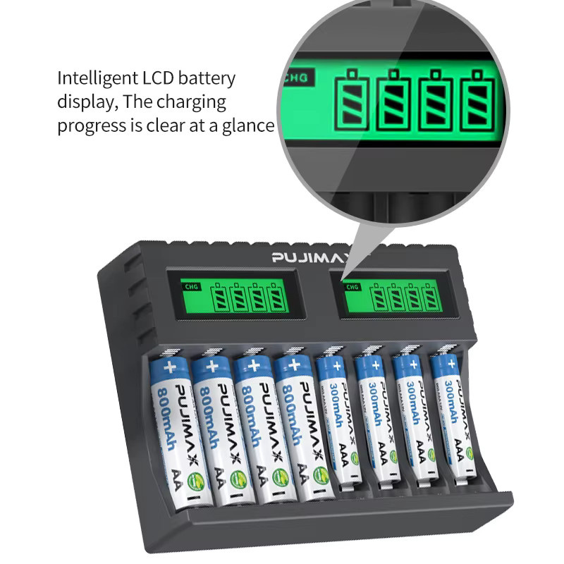 PUJIMAX 8-Slot-Akkuladegerät für AAA und AA Akkus mit LED-Anzeige und Kurzschlussschutz, USB-A Anschluss - Bild 4