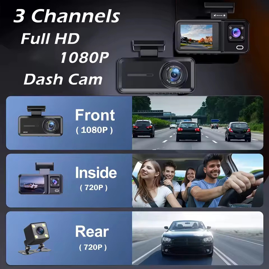 etymoofox 3-Kanal Dashcam mit WLAN und Full HD 1080P für vorne, hinten und innen in Schwarz - Bild 3