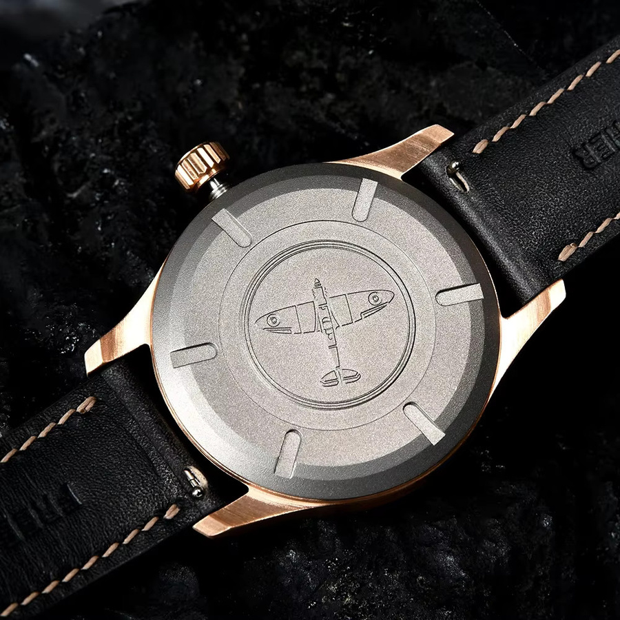 HUASUO Fliegeruhr, Automatik, Messing, Bronze, Grün, Leder, 38 mm, Herren - Bild 3