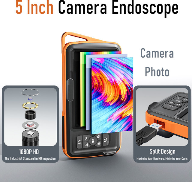 ZYPUSON HD Endoskop Kamera mit 5 Zoll Display, 1080P Video Borescope mit Single, Dual und Triple Lens sowie LED-Beleuchtung, wasserdicht, Farbe: Orange - Bild 1